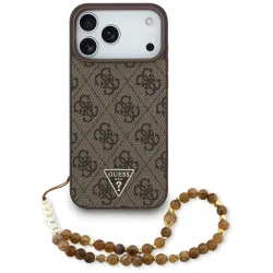 Custodia MagSafe per Apple iPhone 17 Pro Max, Guess, 4G Triangle Logo Cord Strap, Marrone