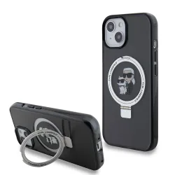 Custodia MagSafe per Apple iPhone 15, Karl Lagerfeld, Ring Stand Karl & Choupette, Nera