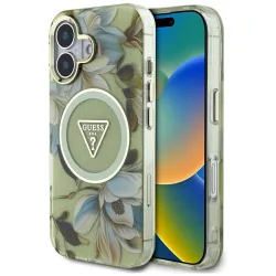 Custodia MagSafe per Apple iPhone 16, Guess, IML Metal Glitter Flowers Triangle, Verde