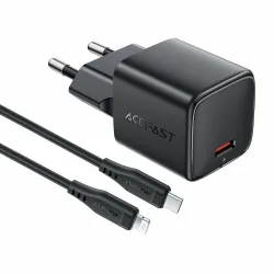 Caricatore da rete con cavo Lightning Acefast A118, 30W, 3A, 1 x USB-C, Nero