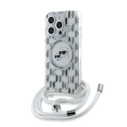 Custodia MagSafe per Apple iPhone 15 Pro, Karl Lagerfeld, IML Crossbody Monogram Karl & Choupette's Heads, Trasparente
