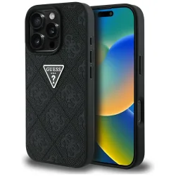 Custodia per Apple iPhone 16 Pro, Guess, Hot Stamp 4G Pattern Triangle Logo, Nera