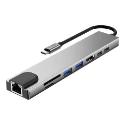 Hub USB-C Tech-Protect HB09, 2 x USB-A 3.0 - 2 x USB-C - 1 x HDMI - 1 x RJ45 - 1 x SD - 1 x microSD, Grigio