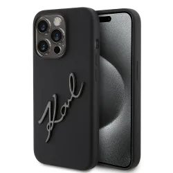 Custodia per Apple iPhone 15 Pro, Karl Lagerfeld, Silicone Karl Script, Nera