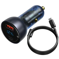 Caricatore Auto Con Cavo USB-C Baseus Digital Display, 65W, 5A, 1 x USB-A - 1 x USB-C, Nero TZCCKX-0G