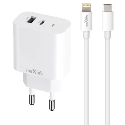MaXlife MXTC-06-20AC MaXlife MXTC-06-20AC Caricatore di rete con cavo Lightning, 20W, 3A, 1 x USB-A - 1 x USB-C, Bianco