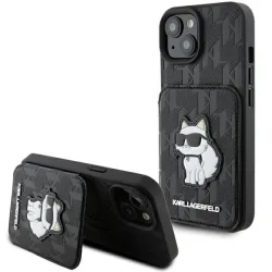 Custodia per Apple iPhone 15, Karl Lagerfeld, Saffiano Cardslots and Stand Monogram Choupette, Nera