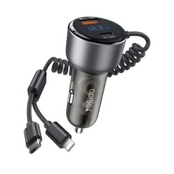 Caricabatterie Auto con Cavo USB-C / Lightning Yesido Y58 Display, 60W, 3A, 1 x USB-A - 1 x USB-C, Grigio