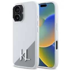 Custodia per Apple iPhone 16, Karl Lagerfeld, Silicone White Shadow Metal Initial, Bianca