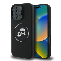Custodia MagSafe per Apple iPhone 16 Pro, Karl Lagerfeld, Silicone Karl & Choupette's Heads, Nera