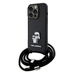 Custodia per Apple iPhone 15 Pro, Karl Lagerfeld, Saffiano Crossbody Metal Pin Karl & Choupette, Nera