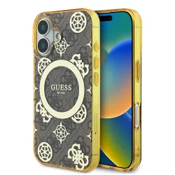 Custodia MagSafe per Apple iPhone 16, Guess, IML Peony su sfondo 4G, Marrone