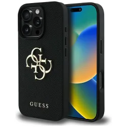 Custodia per Apple iPhone 16 Pro Max, Guess, Grained Big 4G Logo Small Classic Logo, Nera