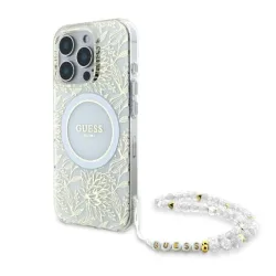 Custodia MagSafe per Apple iPhone 16 Pro, Guess, IML Flowers Allover Electroplated with Pearl Strap, Bianca