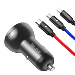 Caricabatterie Auto Con Cavo Lightning - microUSB - USB-C Baseus Display Digitale, 24W, 2.4A, 2 x USB-A, Grigio TZCCBX-0G