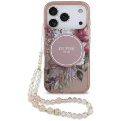 Custodia MagSafe per Apple iPhone 17 Pro, Guess, IML Flowers with Pearl Strap, Rosa