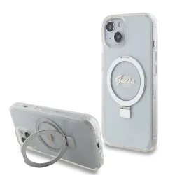Custodia MagSafe per Apple iPhone 15, Guess, Ring Stand Script Glitter, Trasparente
