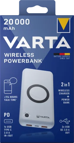 Batteria Esterna Wireless Varta Energy, 20000mAh, 18W, QC + PD + FQI, 1 x QI - 1 x USB-C - 2 x USB-A, Bianca