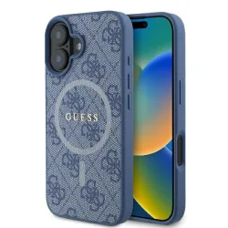 Custodia MagSafe per Apple iPhone 16, Guess, 4G Ring Classic Logo, Blu