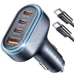 Caricabatterie Auto Con Cavo USB-C Lisen, 101W, 3.25A, 1 x USB-A - 3 x USB-C, Nero YL0223120021
