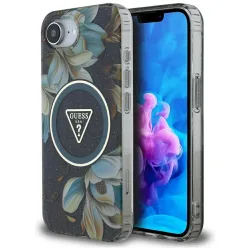 Custodia MagSafe per Apple iPhone 17e / 16e, Guess, IML Metal Glitter Flowers Triangle, Nera