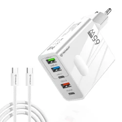 Caricabatterie Rete con Cavo USB-C Techsuit CHC1 PentaXPower, 25W, 3A, 3 x USB-A - 2 x USB-C, Bianco