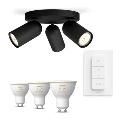 Philips Pongee Base Nera Per 3 Faretti + Telecomando Dimmer Switch + 3 Faretti Connessi Gu10 White Ambiance