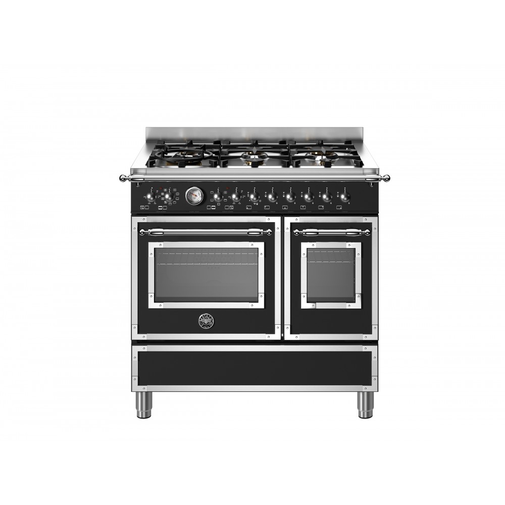 Cucina Libera Installazione 90 cm Bertazzoni Piano a Gas 6 Fuochi Doppio Forno Elettrico Serie Heritage Nero Opaco HER96L2ENET